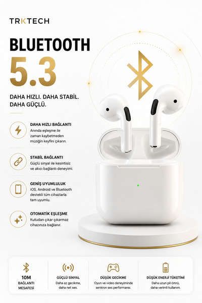 TrkTech Pro 5 Plus Kablosuz Bluetooth Kulaklık Bluetooth 5.3 TWS iOS Android Uyumlu HD Stereo Ses Dokunmatik Kılıf Hediyeli Şarj Kutulu