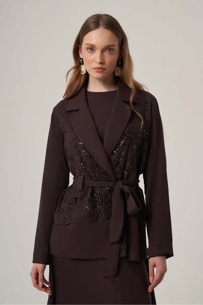 FTZ WOMEN Women's Sequin Embroidered Belt Detailed 3-Piece Set Brown 31375