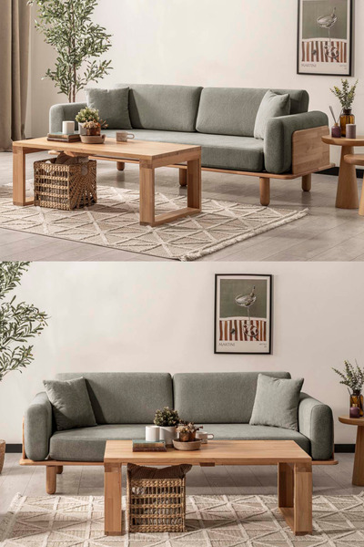 Msm Home & Living İskandinav Tarz Diva Kayın Ahşap Üçlü Koltuk