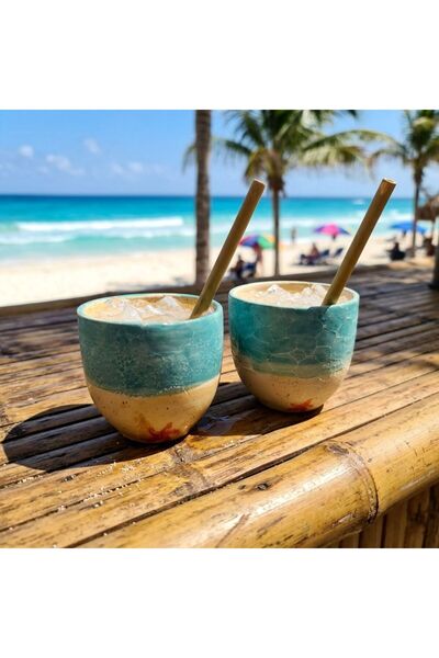 BBL Bonita Bon Luxe Set of 2 Handmade Artistic Ceramic Cups |   Sea-Themed Sp...
