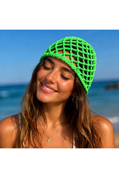 Jasminya Handmade Knitted Green Mesh Summer Beanie, Summer Hat, Bandana, Buck...
