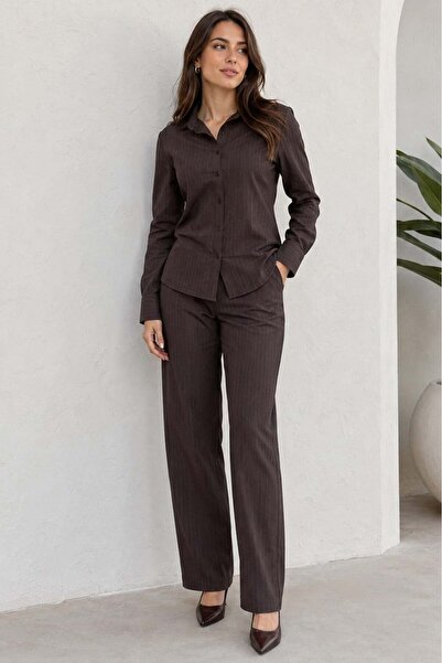 Madmext Bitter Brown Striped Women's Tencel Shirt Set Mg2695