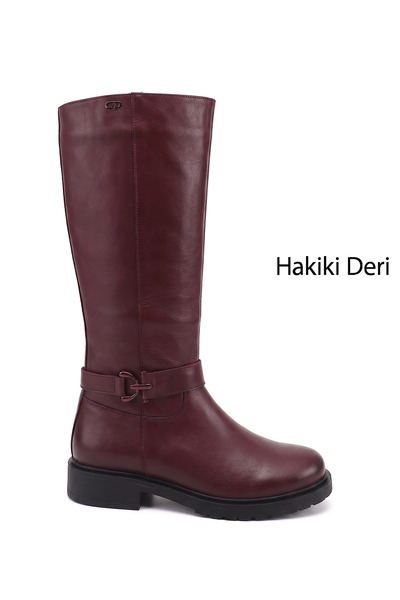 GÖNDERİ(R) Women's Burgundy Antique Zippered Thick Heeled Genuine Leather Boots
