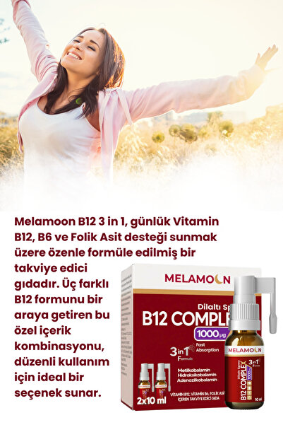 Melamoon B12 Complex, Vitamin b12, Vitamin b6, Folik Asit İçeren Takviye Edici Dil Altı Sprey 2X10 ml