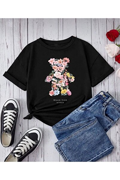 MORNİNG KİDS Μαύρο Floral Παιδικό T-Shirt με στάμπα αρκουδάκι