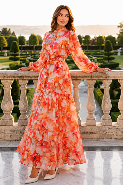 benguen Patterned Hijab Dress Orange 585