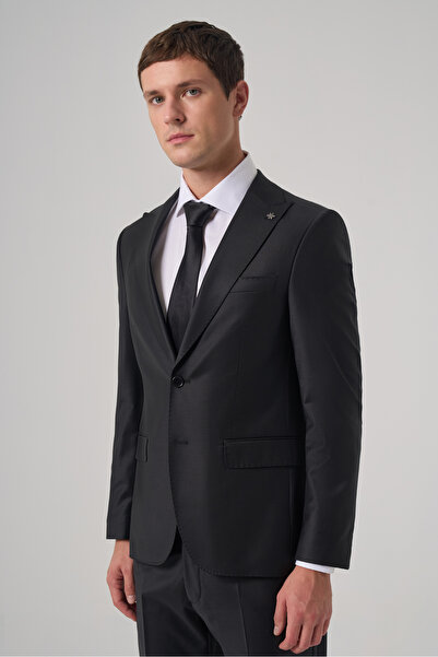 Morven Men's Black Woolen Trend Straight Slim Fit Pointed Collar Suit