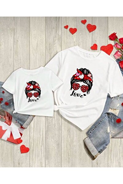 MORNİNG KİDS Mother Daughter Combination LOVE εμπριμέ λευκό μπλουζάκι