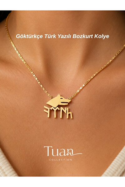 Tuana Trend قلادة ذهبية بتصميم ذئب الثلج التركي مع رمز فولاذي مطلي بالزركون