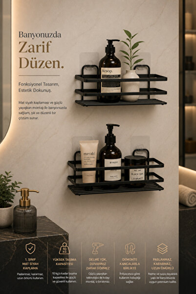 Paslanmaz İkili Yapışkanlı Banyo Düzenleyici Duşakabin Rafı, Premium Şampuanlık Organizer