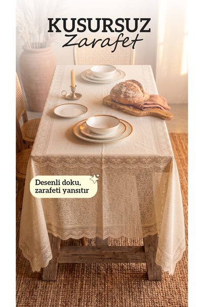 LENDASHOP Ecru Tablecloth with Lace Edges, Stain-Resistant, Wipeable, Stylish Dining Table Cover 140X220 cm