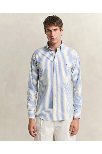 Gant Erkek Mavi Regular Fit Çizgili Logolu Gömlek