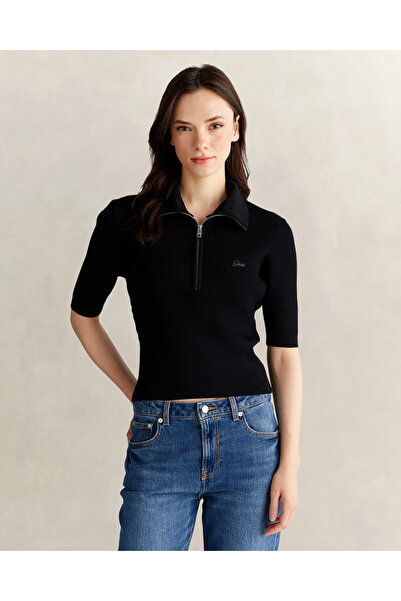 Gant Kadın Siyah Slim Fit Yarım Fermuarlı Kazak