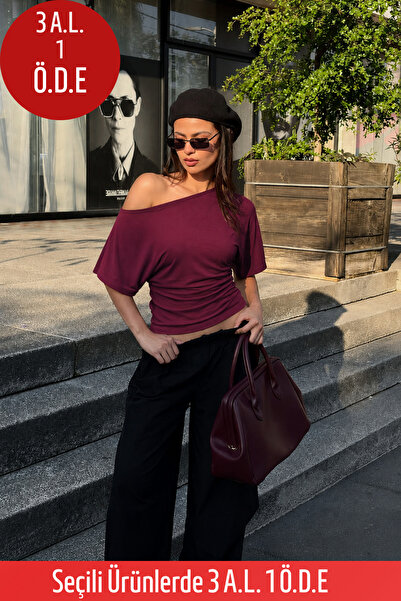 COMBİNE MİCHAİL Women's Daily Casual Tight Fit Burgundy Crop Blouse