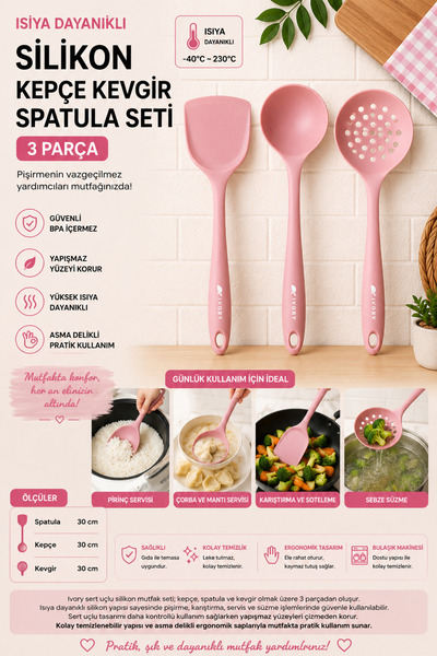 Perağ Heat Resistant Fireproof Non-Stick Ivory Ladle Spatula Colander Set 3 P...