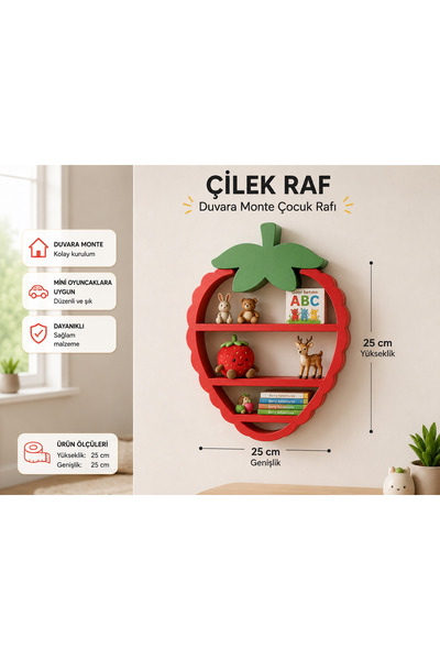 SEKO COMPANY Kırmızı Dekoratif Çilek Çocuk Bebek Odası Duvar Rafı