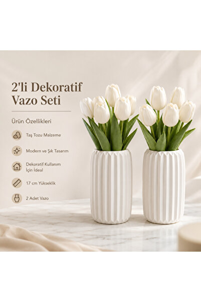 NOORBOHEMİA 2li Noor Tulip Serisi Beyaz Oluklu Dekoratif Vazo – Modern Salon ...