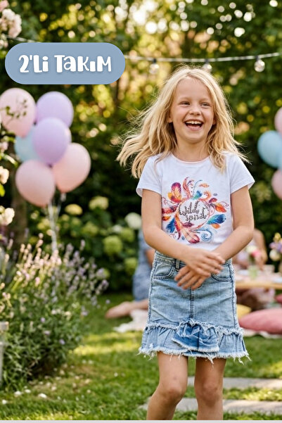 Hilal Akıncı Kids Κοριτσίστικη μπλούζα με σχέδιο ασύμμετρη τζιν φούστα διπλό σετ