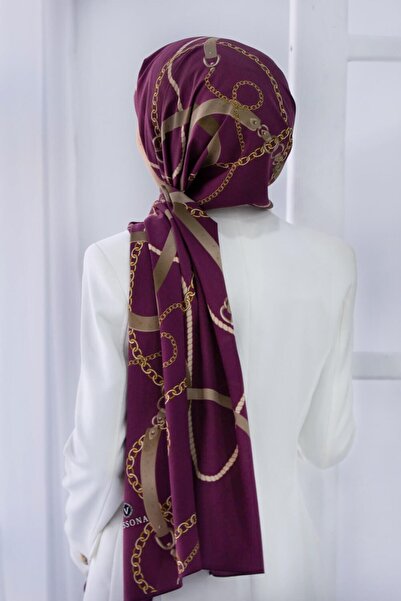 Vissona KREP ZİNCİRLİ KEMER DESENLİ MÜRDÜM RENKLİ 75X195 KIRIŞMAZ ŞAL