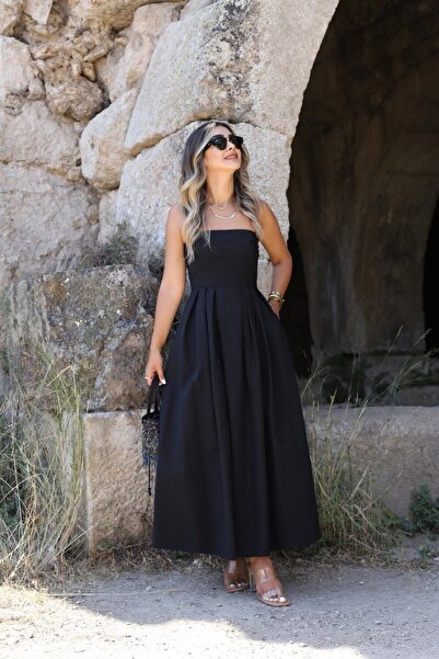 bytugcekaya Μαύρο φόρεμα χωρίς τιράντες με πλισέ