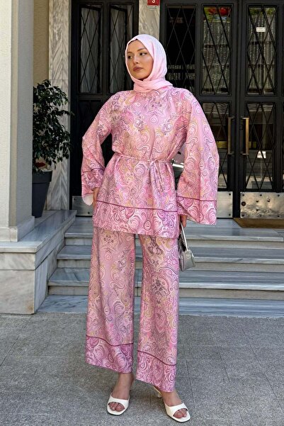 Modaensarbutik Modern Empirme Baskılı Saten Tesettür Takım-PEMBE
