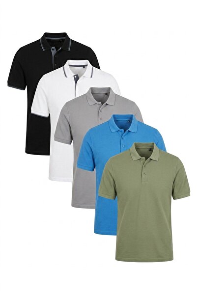 Buratti Cotton Regular Fit Buttoned Polo Neck 5'Li Package t Shirt Men t Shir...