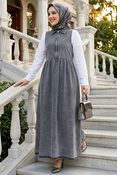N.S NEVA STYLE Τζιν με φερμουάρ Anthracite Hijab Gilet Φόρεμα 19135ANT