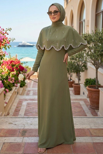 N.S NEVA STYLE فستان سهرة كاكي بتفاصيل عباءة 55781HK