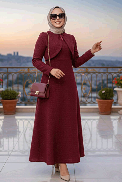 N.S NEVA STYLE Checkered Burgundy Tweed Hijab Dress 62512Br