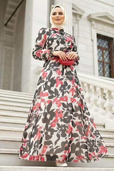 Neva Style فستان حجاب أحمر منقوش 2925K