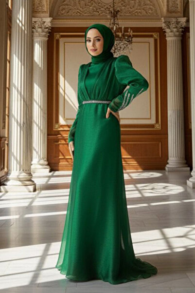 Neva Style Boncuk İşlemeli Yeşil Tesettür Abiye Elbise 25854Y