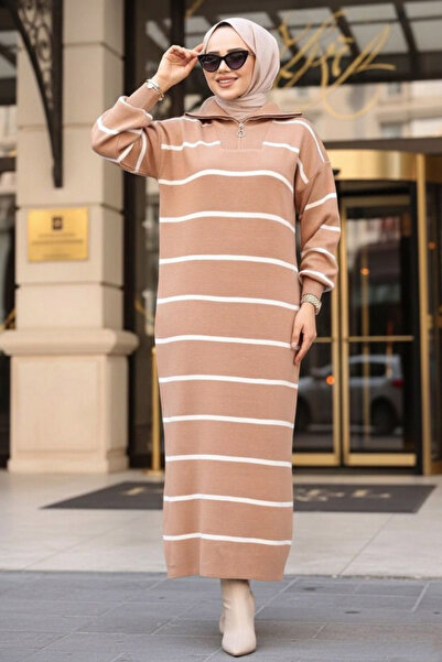 N.S NEVA STYLE Rochie din tricot cu dungi Biscuit Tesettür 17206BS