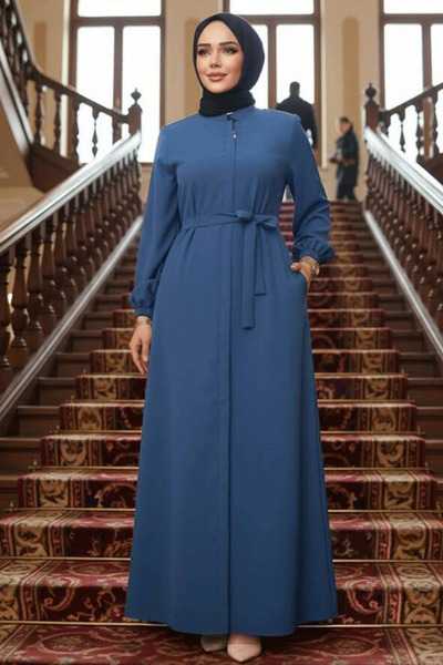 N.S NEVA STYLE Kemerli İndigo Mavisi Tesettür Ferace 26391IM