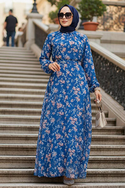 Neva Style فستان حجاب بطبعة زهور باللون الأزرق البترولي 52682PM