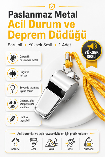 Milena Life Kaliteli Sarı İpli Paslanmaz Metal Deprem ve Acil Durum Düdüğü, Y...