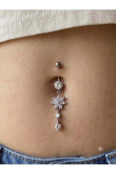 kurukafagift Çelik Göbek Piercing Uzun Sallantılı Çiçek Damlalı Taşlı Model