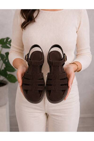 PLN SHOES Women's Knitted Patterned Comfortable Suede Cage Sandals