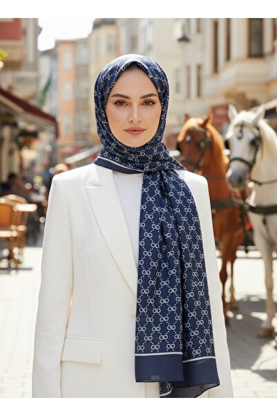 Vissona %100 Saf İpek Şal İnce Saten Vual Dokuma Minik Motif Desenli Lacivert...