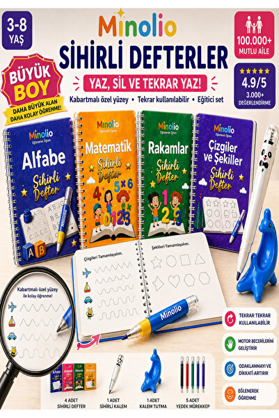 Minolio Sihirli Defter Magic Learn Oluklu Sihirli Yazı Seti – 4 Kitap + Sihir...