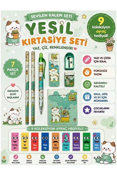 Pembe Pasaj Yeşil Kırtasiye Seti - Sevimli Kalem Seti