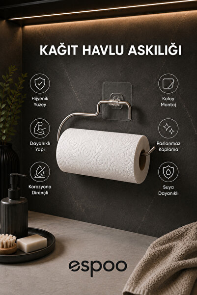 Espoo Design Yapışkanlı Kağıt Havluluk Krom Kağıt Havlu Askısı Tutacağı Metal...