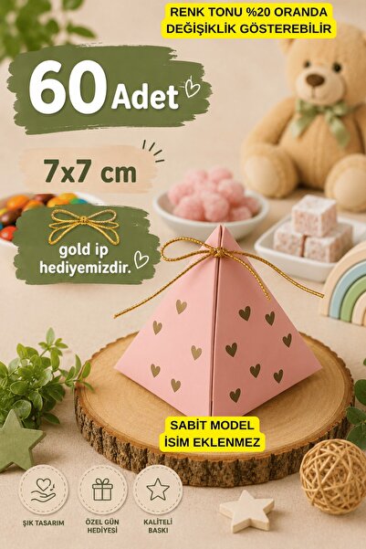 Emtory Home 60 Adet Pembe Kalpli Piramit Kutu - Lokum Kutusu - Çikolata Kutus...