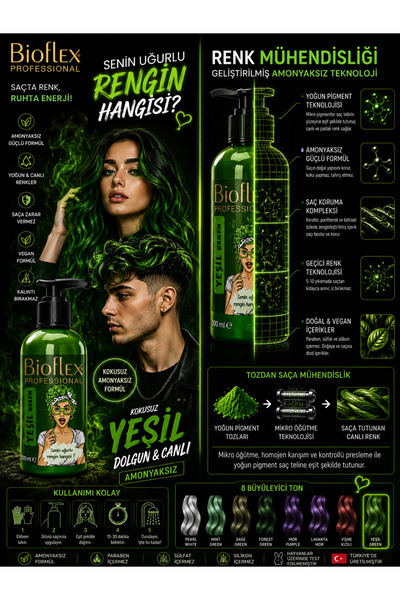 Bioflex Amonyaksız Color Renkli Saç Boyası Balyaj Boya Yeşil 250 ml