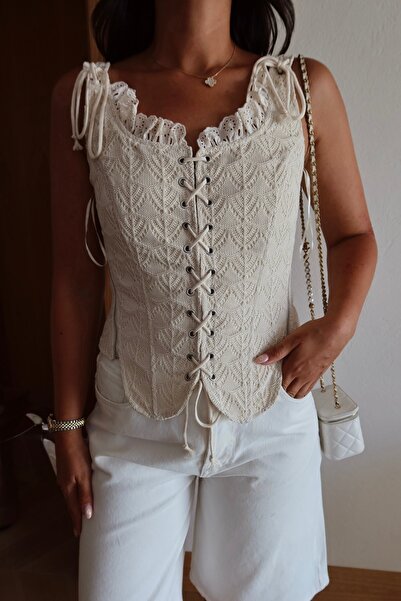 BRTC design Women's Cream Lace-Up Corset Blouse
