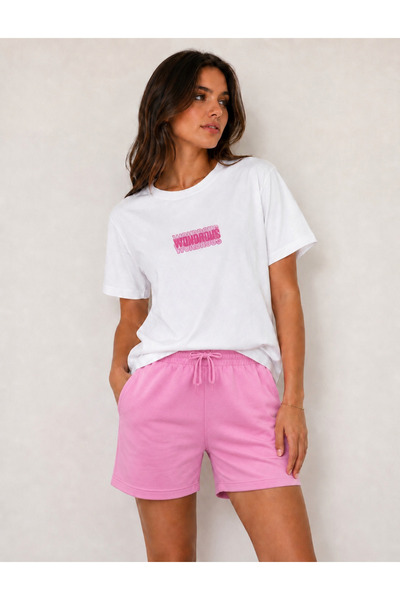 SANTAMİLA Pink Shorts and White Wondrous Printed Top and Bottom Set