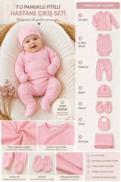 BYS BABY FASHION Mevsimlik 7'li Pamuklu Fitilli Kumaş Yenidoğan Kız Bebek Has...
