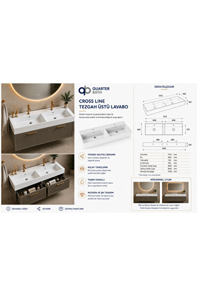 quarter bath Cross Line Lavabo 120 cm Beyaz Çift Hazneli Çift Batarya Delikli