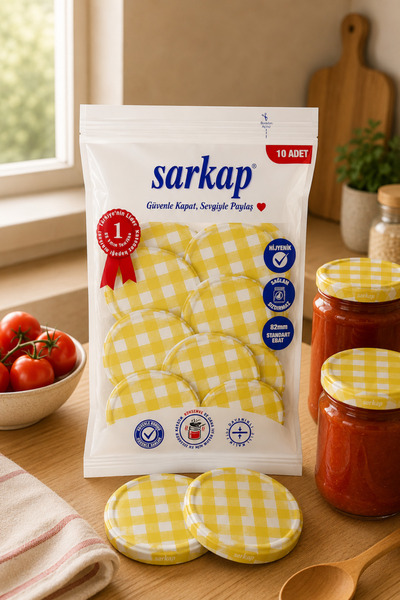 Sarkap Hijyenik Paketli 10 adet Kavanoz Kapağı – Mat Sarı Ekose – 82 mm