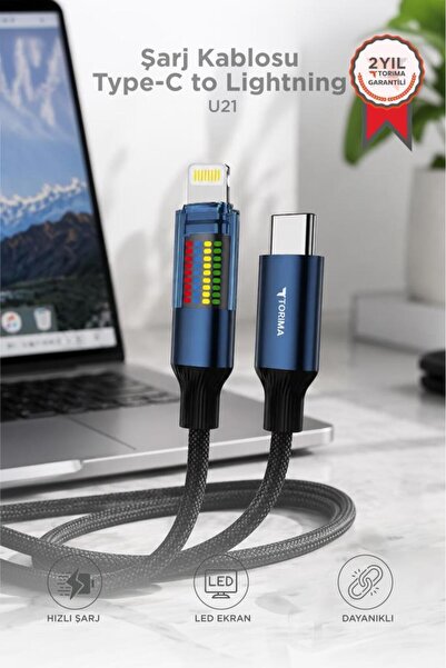 Torima Şarj Kablosu Type-C to Lightning Led Ekranlı Hızlı 27W Örgü Data Kablo...