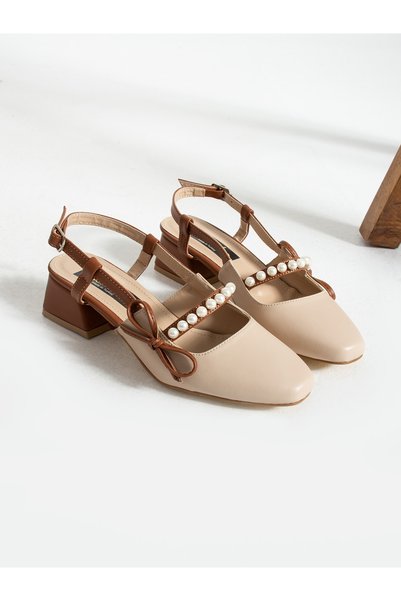 Alemdar Shoes Lexa Cream Pearl Detailed Heeled Women's Shoes Taba